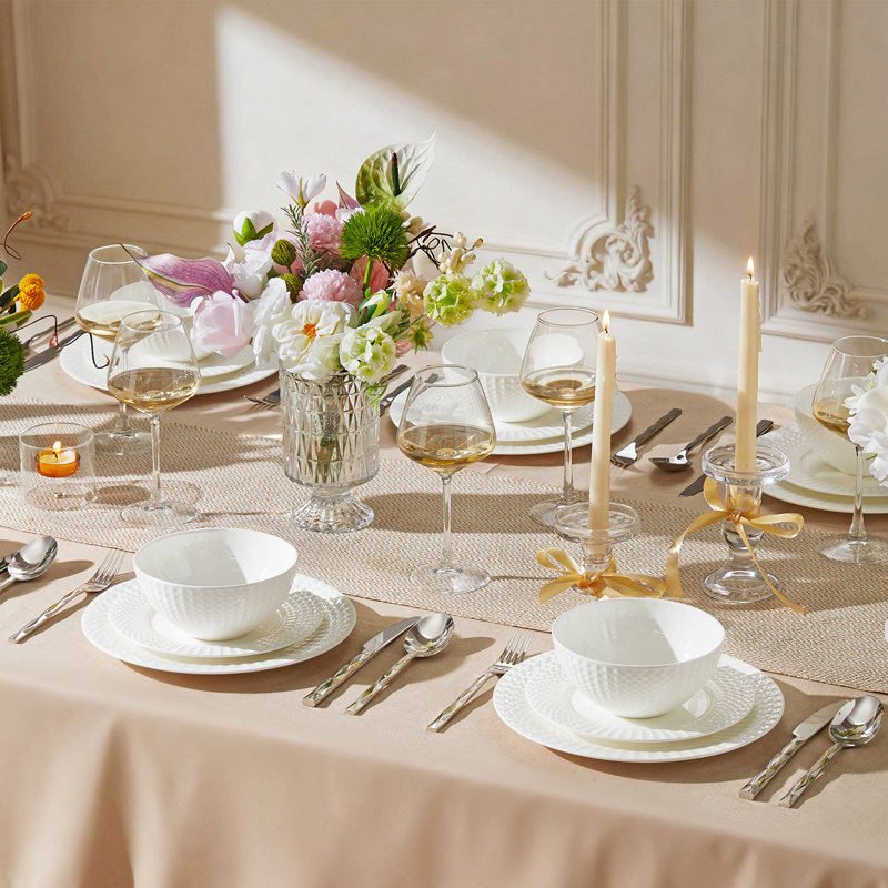 KINGSTONE 12-piece White Bone China 3d Embossed Dinnerware Set